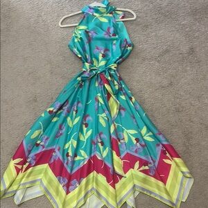 Tahari Teal and Magenta Floral Scarf Dress